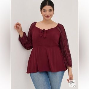 Torrid Peplum Rayon Crepe Embroidered Sleeve Top